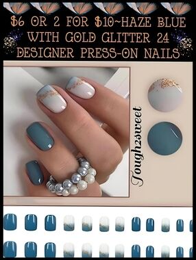 🆕$6 OR 2 FOR $10~HAZE BLUE WITH GOLD GLITTER 24 DESIGNER PRESS-ON NAILS